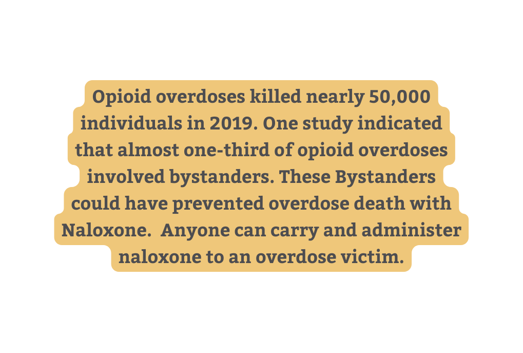 Opioid overdoses killed nearly 50 000 individuals in 2019 One study indicated that almost one third of opioid overdoses involved bystanders These Bystanders could have prevented overdose death with Naloxone Anyone can carry and administer naloxone to an overdose victim